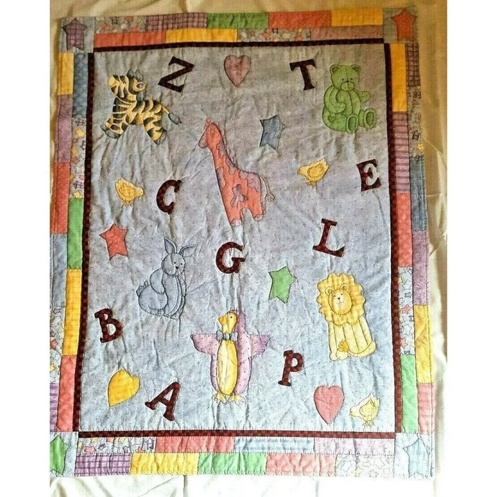 Baby Quilt Throw Crib Alphabet Zoo Animals Blue Pink Bear Lion Rabbit Stitched 3